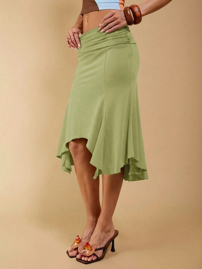 COSMINA Women's Elegant Casual Tropical Asymmetrical Ruched Skirt, Suitable For Autumn, Mermaid Women, Trumpet Fishtail Vacation Sage Green