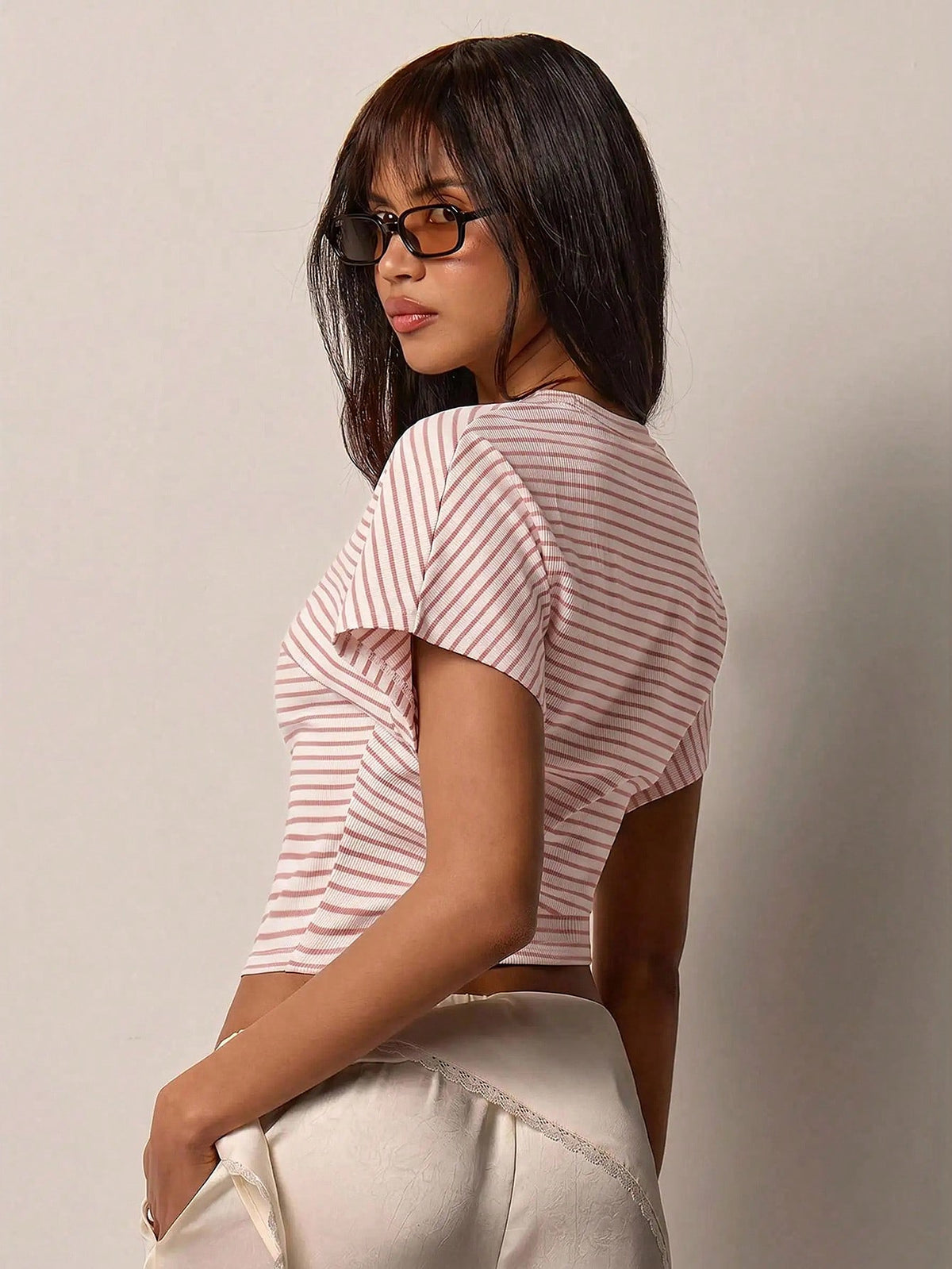 COSMINA Women's Round Neck Raglan Sleeve, Striped T-Shirt, Elegant Casual T-Shirt, Summer, Daily Elegant, Knit Elastic Fabric, Comfortable, Daily Outings