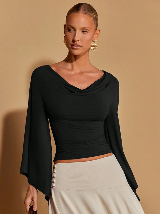 COSMINA Women's Solid Color Minimalist Long Sleeve T-Shirt, Casual Everyday Wear Tops With Sleeves Cowl Neck Top Bell Sleeve Tops