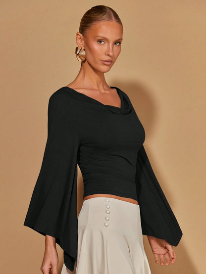 COSMINA Women's Solid Color Minimalist Long Sleeve T-Shirt, Casual Everyday Wear Tops With Sleeves Cowl Neck Top Bell Sleeve Tops