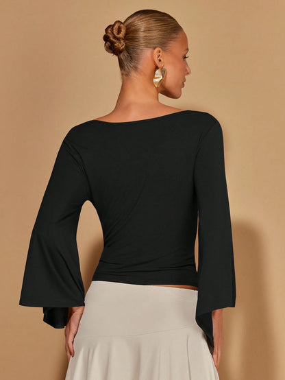 COSMINA Women's Solid Color Minimalist Long Sleeve T-Shirt, Casual Everyday Wear Tops With Sleeves Cowl Neck Top Bell Sleeve Tops