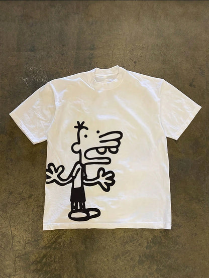 Cotton 180g White Printed T-Shirt- Short Sleeve Cartoon Character Drawing Style Soft & Light Beige-Friendly, Machine Washable, Basic & Versatile