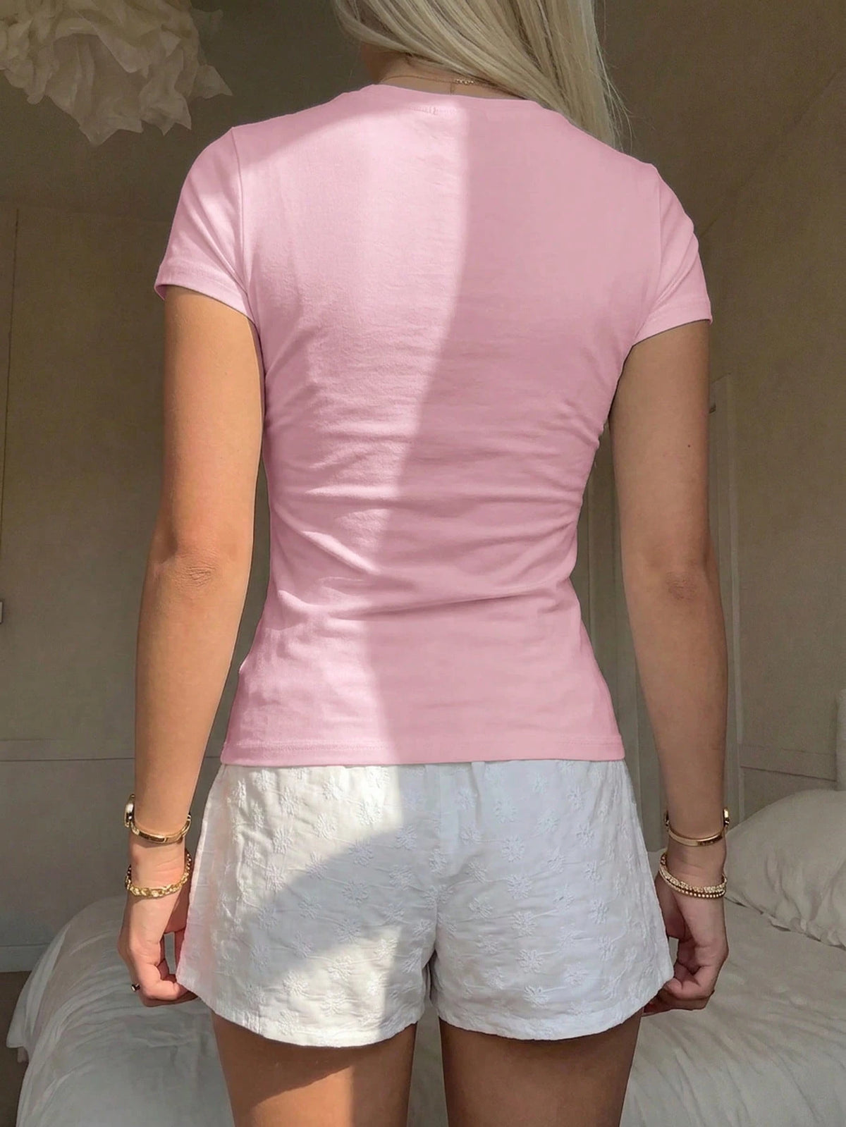 CovetEZ Casual Minimalist Sexy Off-Shoulder 95% Pink Cotton Short Sleeve T-Shirt, Suitable For Spring And Summer, Spring And Summer Clothing Matching