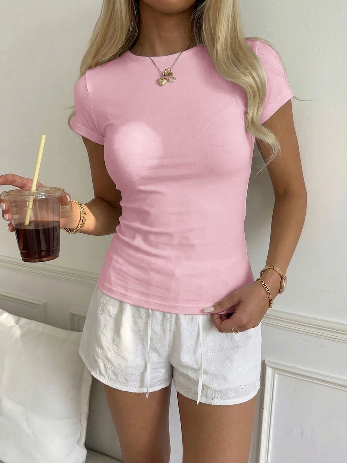 CovetEZ Casual Minimalist Sexy Off-Shoulder 95% Pink Cotton Short Sleeve T-Shirt, Suitable For Spring And Summer, Spring And Summer Clothing Matching
