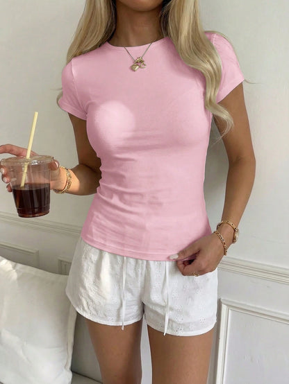 CovetEZ Casual Minimalist Sexy Off-Shoulder 95% Pink Cotton Short Sleeve T-Shirt, Suitable For Spring And Summer, Spring And Summer Clothing Matching