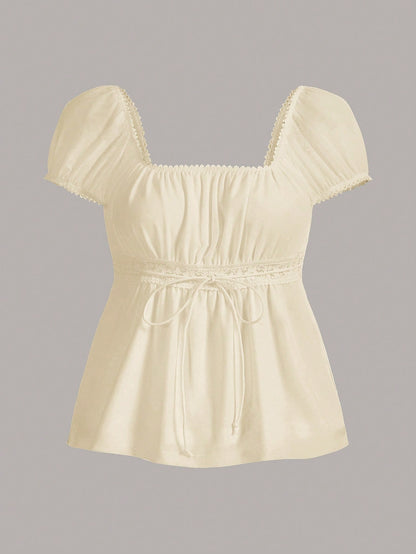 CovetEZ Cotton Summer Set Square Neck Petal Sleeve Tie Front T-Shirt Apricot Color Suitable For Summer