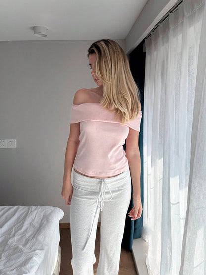 CovetEZ Pink Knitted Off Shoulder Bodycon T-Shirt, Simple & Fashionable Summer Casual Everyday Wear For Women