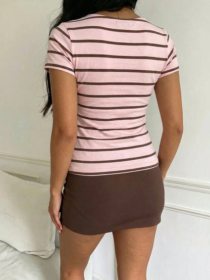 CovetEZ Women's Casual Slim Fit Short Sleeve T-Shirt, Women's Summer Clothing, Casual Wear, Outing Wear, Striped T-Shirt, Y2K, Vacation Wear, Beach Wear, Streetwear, Suitable For Daily Commute, Date