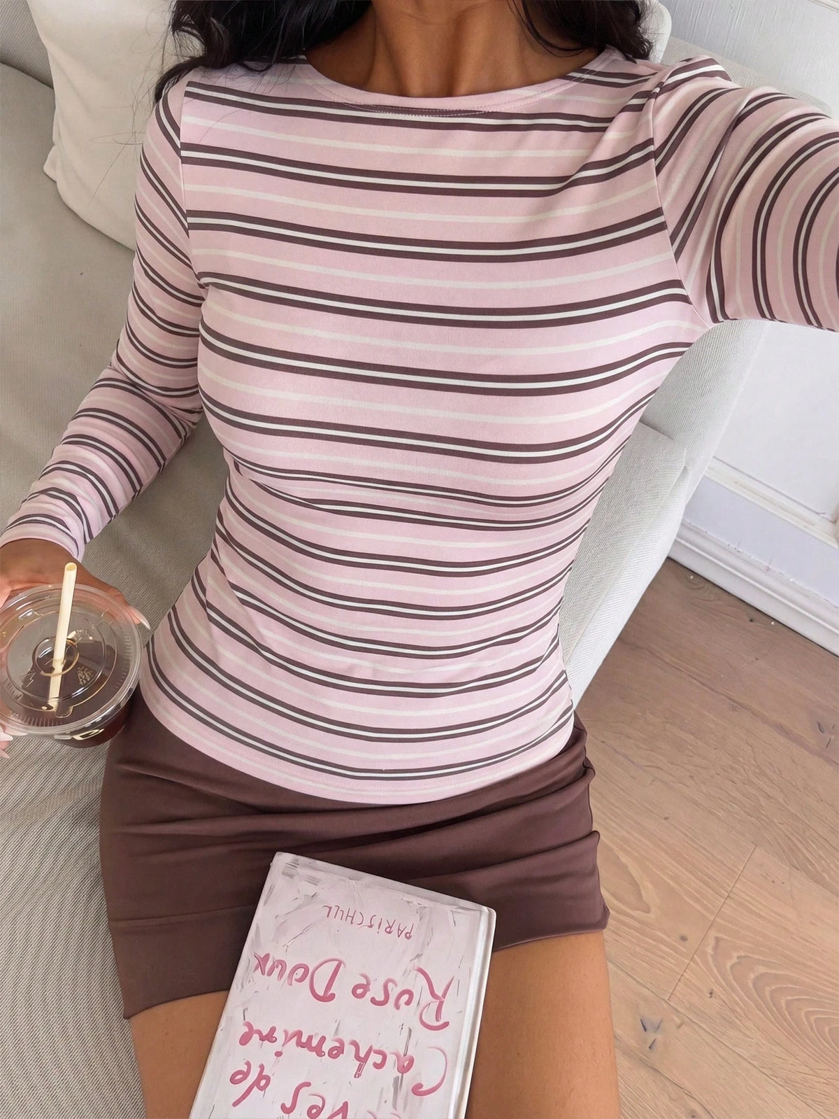 CovetEZ Women's Dusty Pink Striped T-Shirt, Slim Fit Short Sleeve Casual French Basic Top, Autumn Urban Vacation Vintage Y2K Style, Soft Girly Everyday