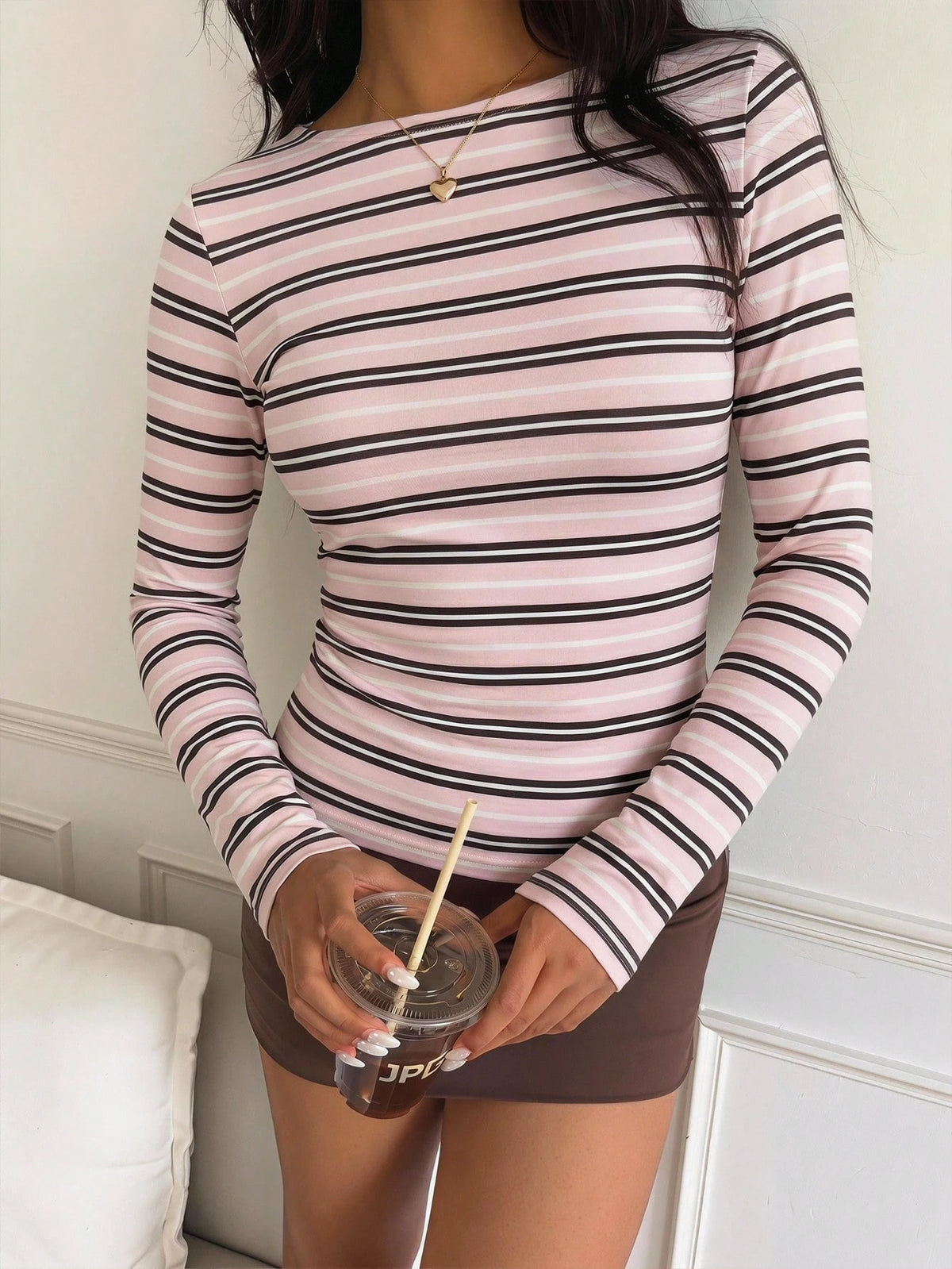 CovetEZ Women's Dusty Pink Striped T-Shirt, Slim Fit Short Sleeve Casual French Basic Top, Autumn Urban Vacation Vintage Y2K Style, Soft Girly Everyday