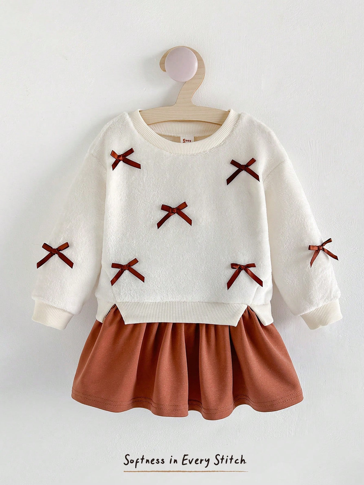 Cozy Pixies Baby Girl White Fleece 3D Bow Decor Soft Plush Sweatshirt 2 In 1 Crew Neck Long Sleeve Autumn Dress