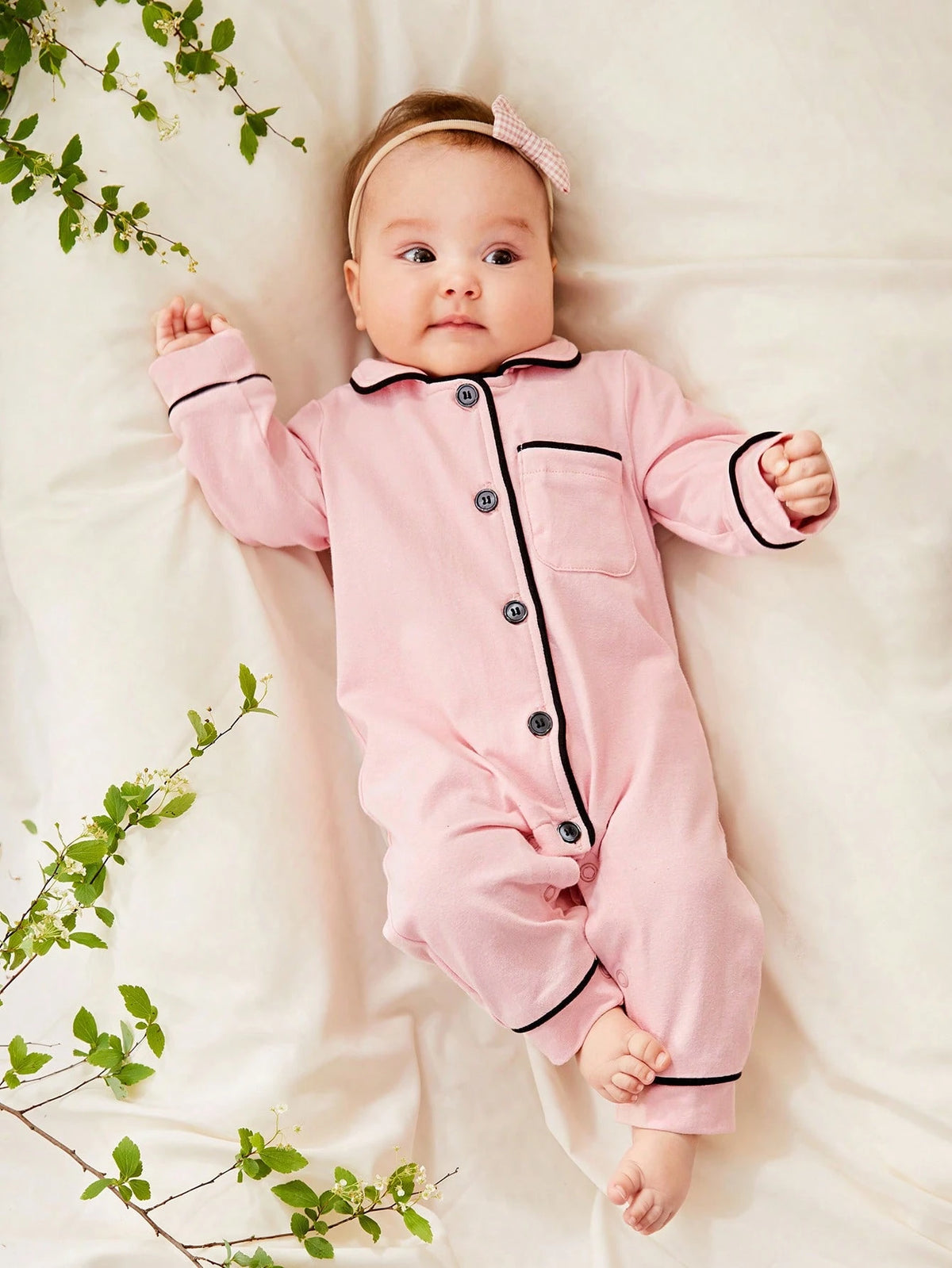 Cozy Pixies Newborn Baby Girl Contrast Binding Button Front Pajama Jumpsuit,Kids