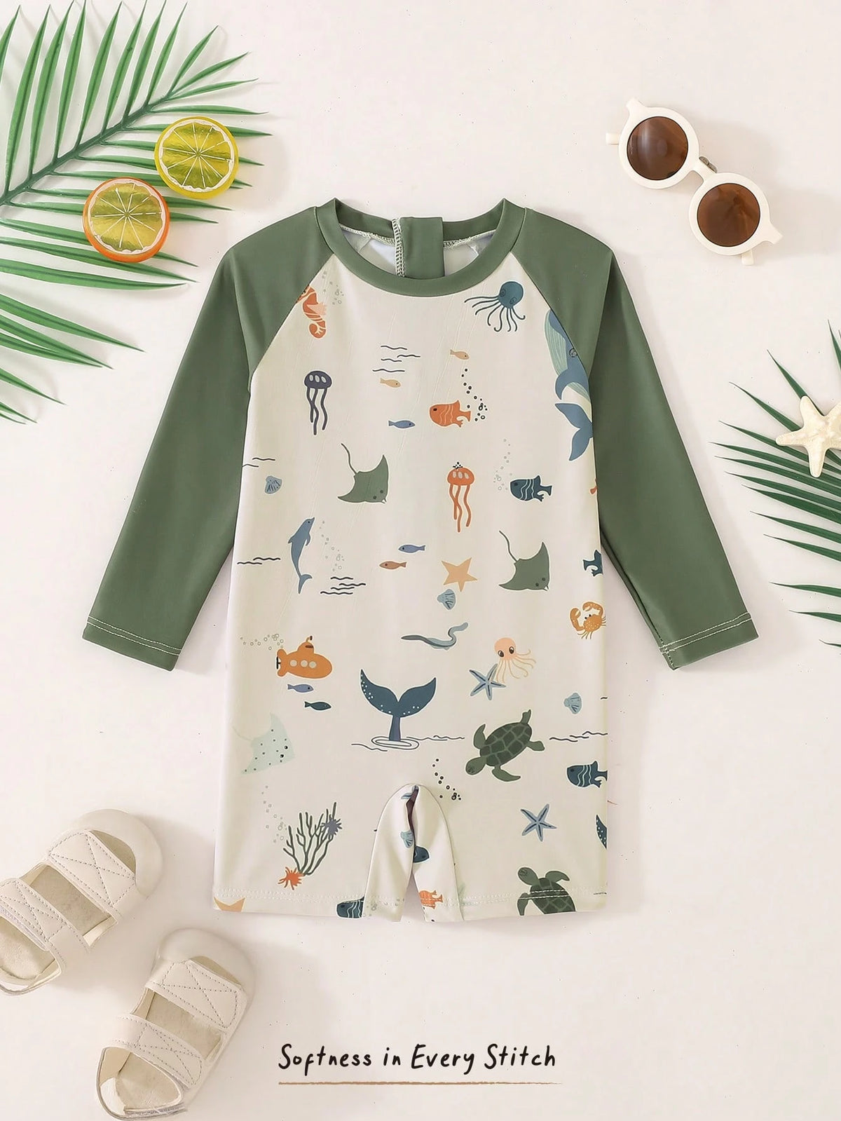 Cozy Pixies Toddler & Kids White Summer Cute Shark & Whale Underwater World Print Long Sleeve Zipper Cover Up Swimwear,Suitable For Vacation,Holiday,Beach,Surfing