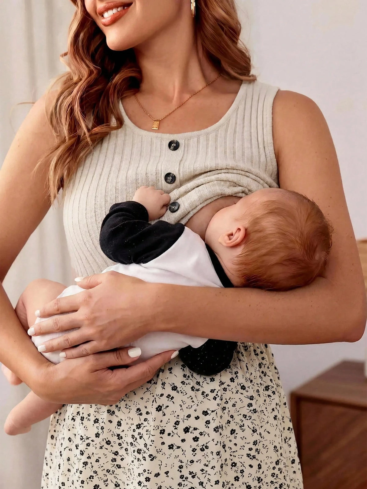 Cream Yellow Floral Patchwork Round Neck Sleeveless Front Center Fake Placket Maternity Nursing Dress Summer Dresses For Women
