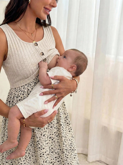 Cream Yellow Floral Patchwork Round Neck Sleeveless Front Center Fake Placket Maternity Nursing Dress Summer Dresses For Women
