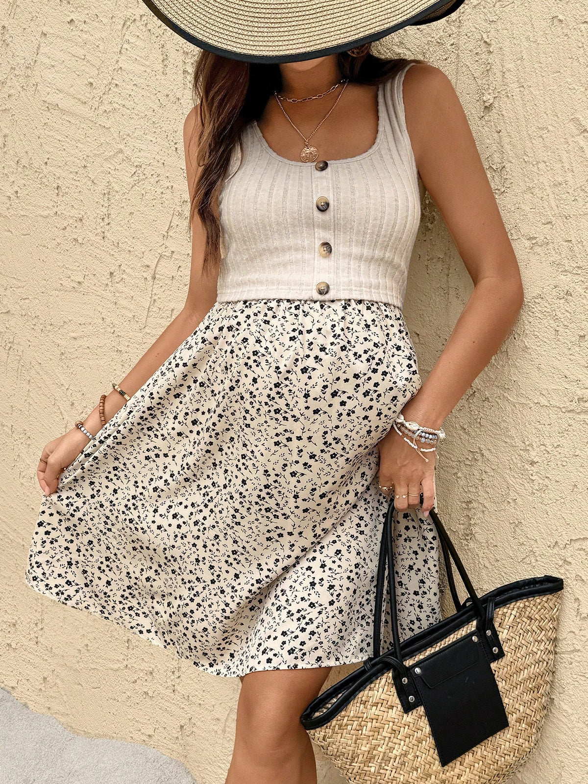 Cream Yellow Floral Patchwork Round Neck Sleeveless Front Center Fake Placket Maternity Nursing Dress Summer Dresses For Women