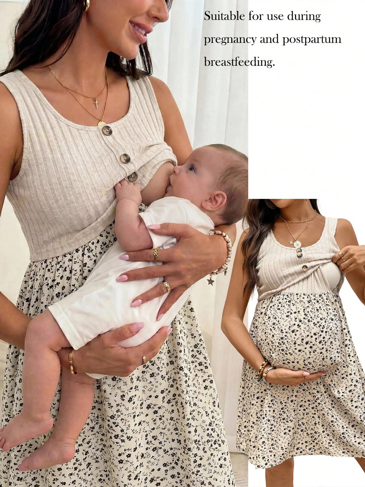 Cream Yellow Floral Patchwork Round Neck Sleeveless Front Center Fake Placket Maternity Nursing Dress Summer Dresses For Women