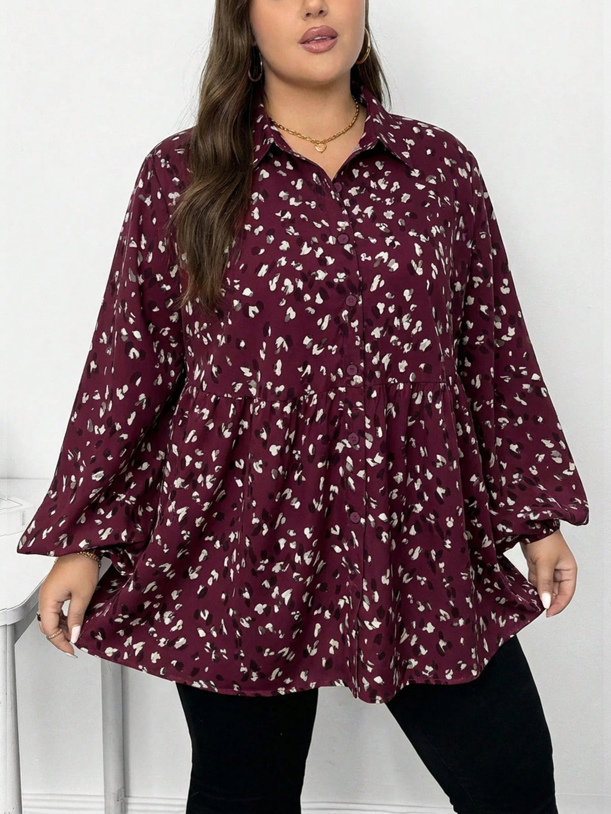CURVE+ Plus Size Women Casual Traditional Greek Goddess Lantern Sleeve Printed Shirt Suitable For Spring Autumn And Winter 2026 New Year Fall Office
