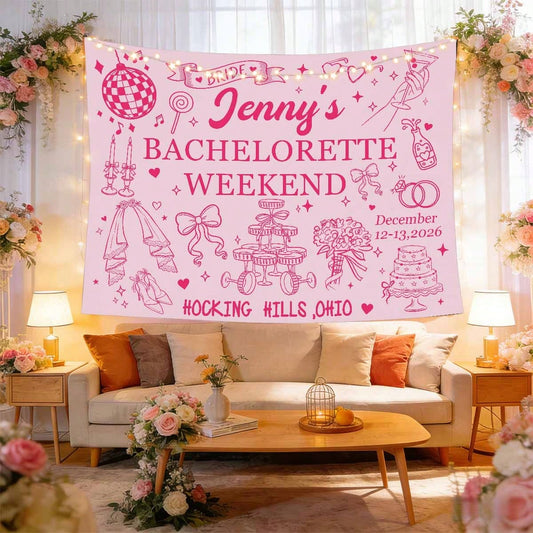 Custom Bachelorette Party Backdrop Tapestry, Personalized Bride To Be Banner, Pink Bridal Shower Photo Booth Background Decor For Wedding Party