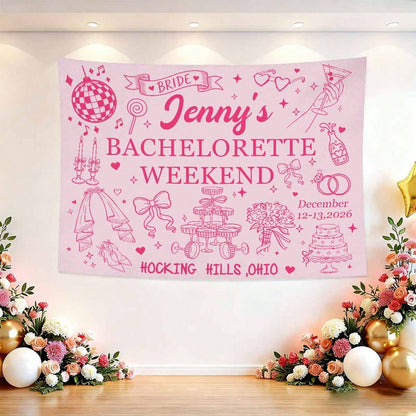 Custom Bachelorette Party Backdrop Tapestry, Personalized Bride To Be Banner, Pink Bridal Shower Photo Booth Background Decor For Wedding Party