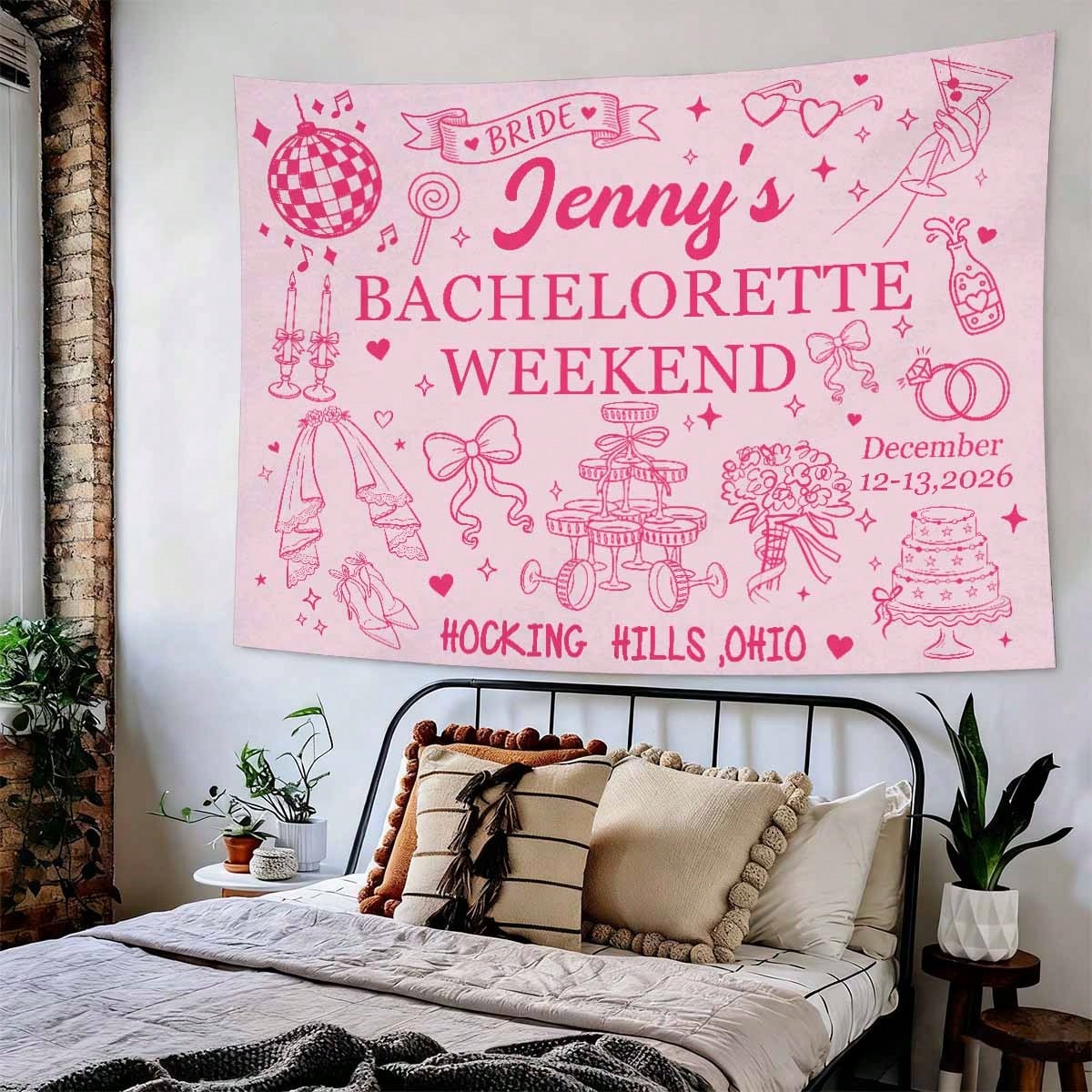 Custom Bachelorette Party Backdrop Tapestry, Personalized Bride To Be Banner, Pink Bridal Shower Photo Booth Background Decor For Wedding Party