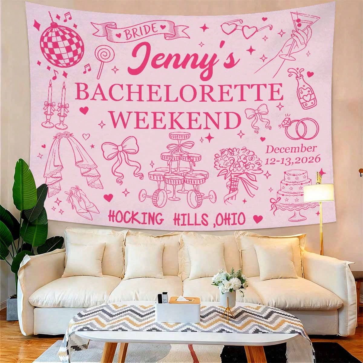 Custom Bachelorette Party Backdrop Tapestry, Personalized Bride To Be Banner, Pink Bridal Shower Photo Booth Background Decor For Wedding Party