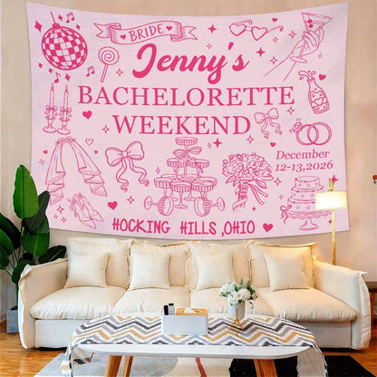 Custom Bachelorette Party Backdrop Tapestry, Personalized Bride To Be Banner, Pink Bridal Shower Photo Booth Background Decor For Wedding Party