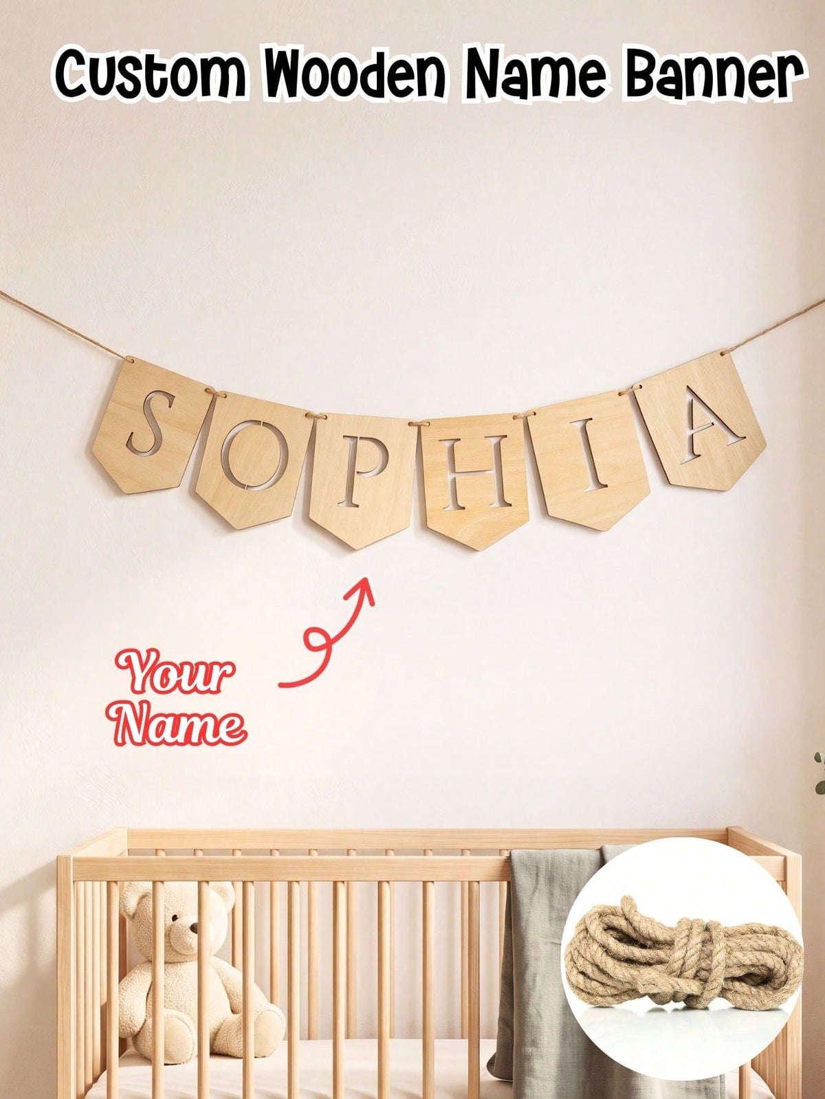 Custom Hollow Name Banner, Personalized Pennant Letter Bunting Garland, Custom Name Sign With Hemp Rope, Party Hanging Decor, Reusable Custom Name Flag For Baby Shower, Birthday Party, Wedding Backdro