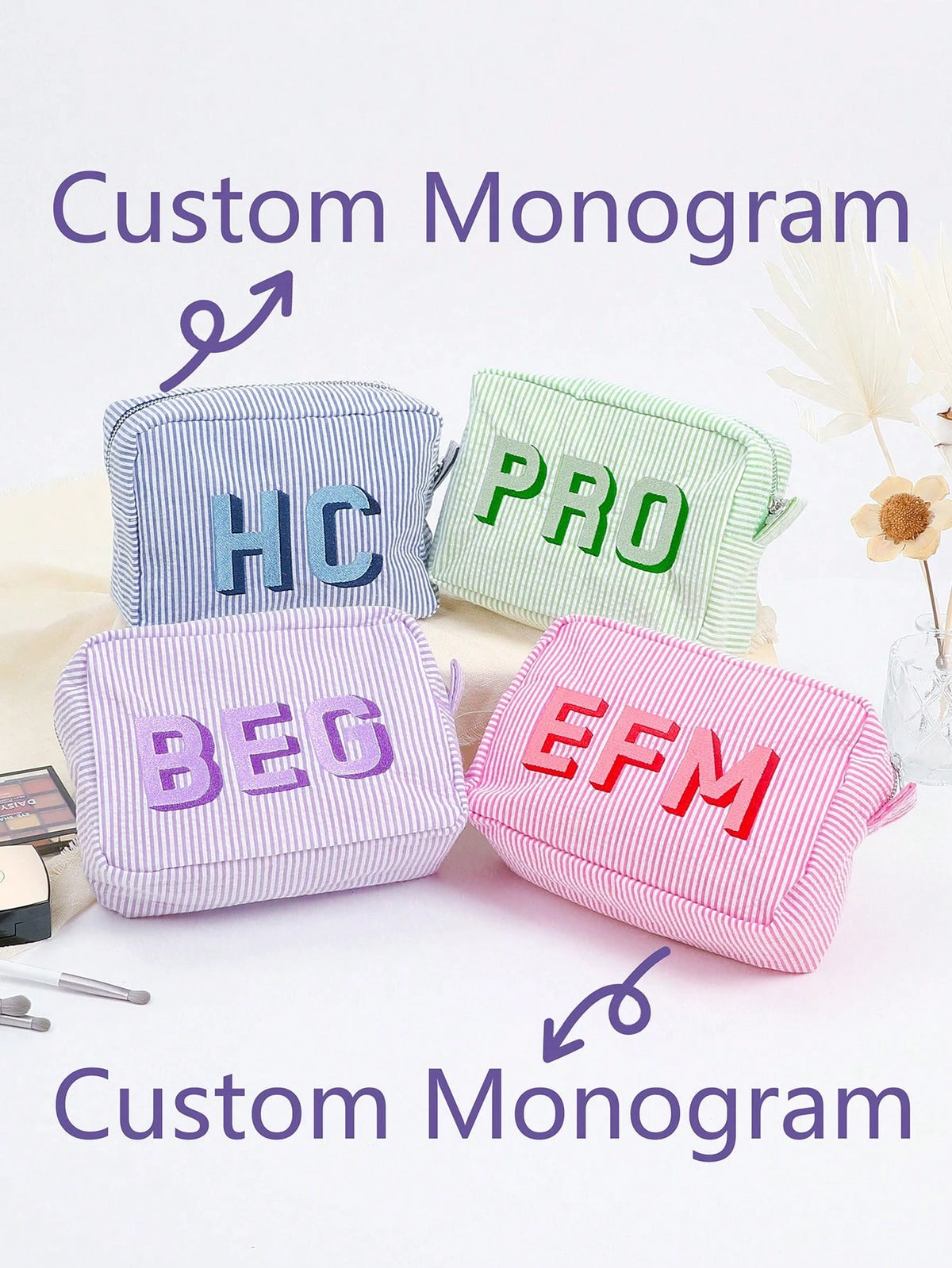 Custom Shadow Monogram Cosmetic Bag, Shadow Monogram Embroidered Makeup Bag, Personalized Bridesmaid Makeup Bag, Seersucker Cosmetic Bag For Girl, Large Capacity Cosmetic Bag, Bridesmaid Bridal Gifts