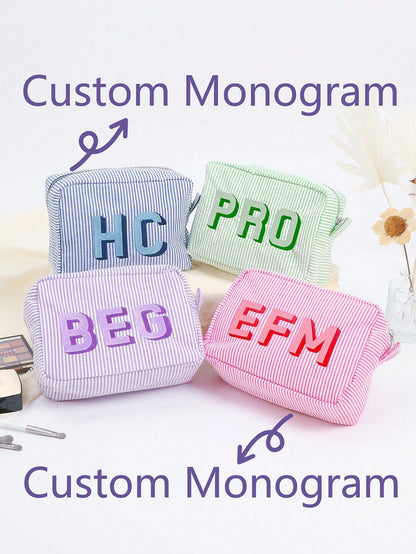 Custom Shadow Monogram Cosmetic Bag, Shadow Monogram Embroidered Makeup Bag, Personalized Bridesmaid Makeup Bag, Seersucker Cosmetic Bag For Girl, Large Capacity Cosmetic Bag, Bridesmaid Bridal Gifts