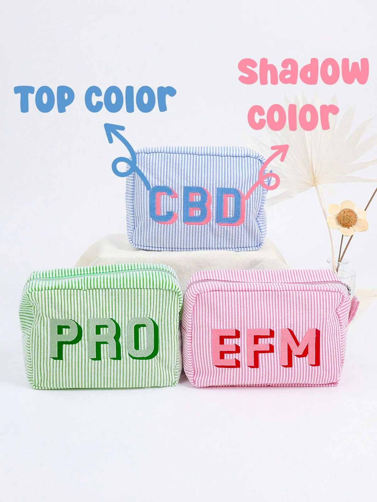 Custom Shadow Monogram Cosmetic Bag, Shadow Monogram Embroidered Makeup Bag, Personalized Bridesmaid Makeup Bag, Seersucker Cosmetic Bag For Girl, Large Capacity Cosmetic Bag, Bridesmaid Bridal Gifts