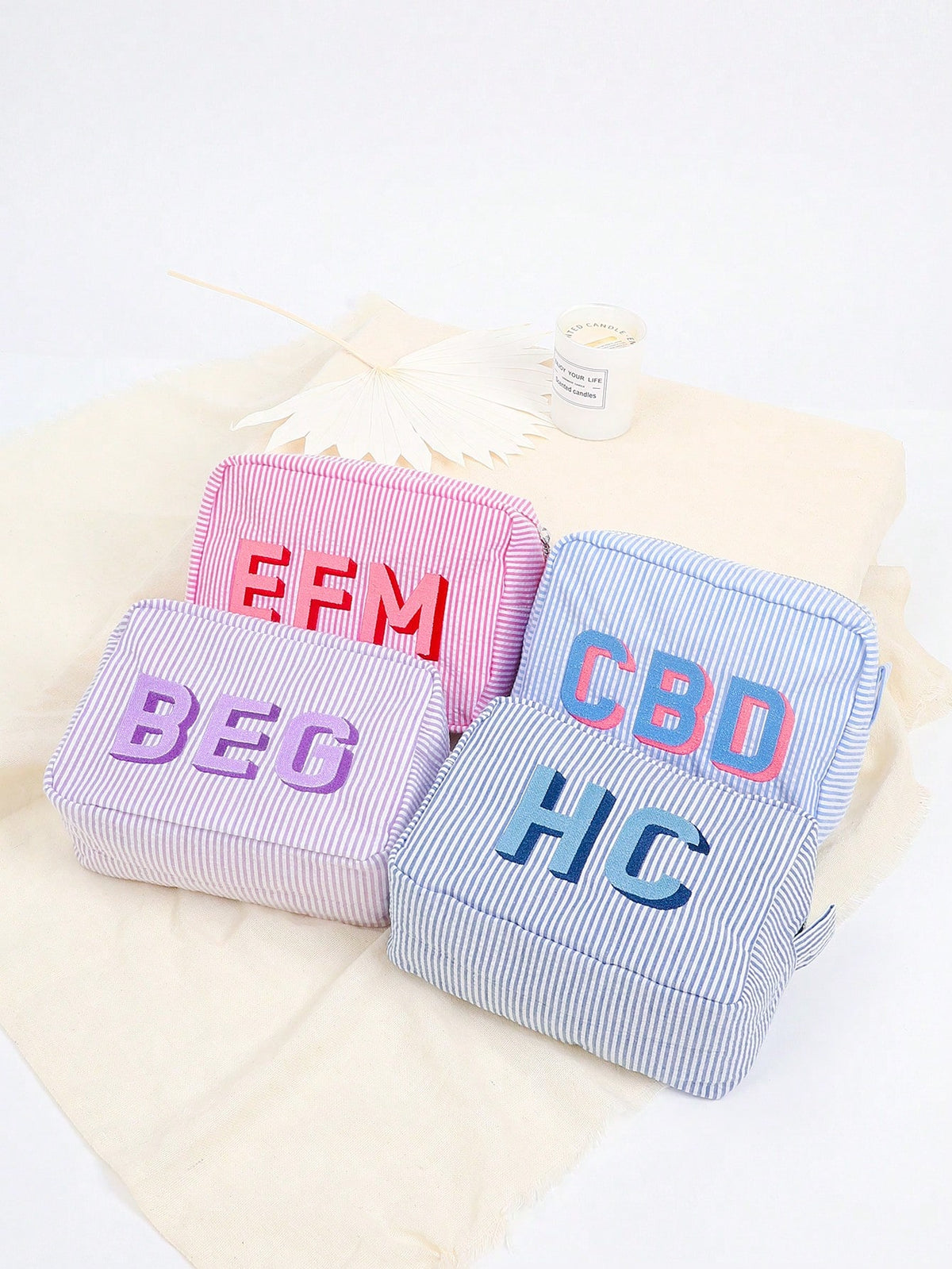 Custom Shadow Monogram Cosmetic Bag, Shadow Monogram Embroidered Makeup Bag, Personalized Bridesmaid Makeup Bag, Seersucker Cosmetic Bag For Girl, Large Capacity Cosmetic Bag, Bridesmaid Bridal Gifts
