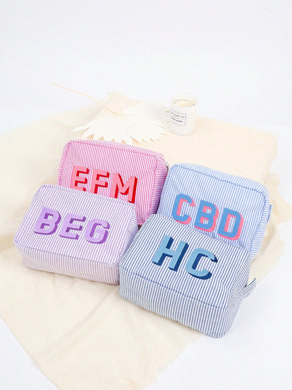 Custom Shadow Monogram Cosmetic Bag, Shadow Monogram Embroidered Makeup Bag, Personalized Bridesmaid Makeup Bag, Seersucker Cosmetic Bag For Girl, Large Capacity Cosmetic Bag, Bridesmaid Bridal Gifts
