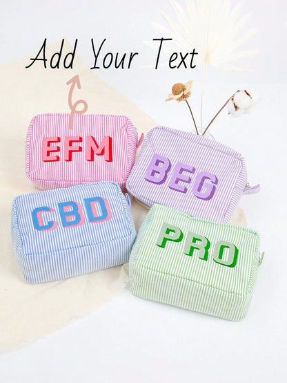 Custom Shadow Monogram Cosmetic Bag, Shadow Monogram Embroidered Makeup Bag, Personalized Bridesmaid Makeup Bag, Seersucker Cosmetic Bag For Girl, Large Capacity Cosmetic Bag, Bridesmaid Bridal Gifts