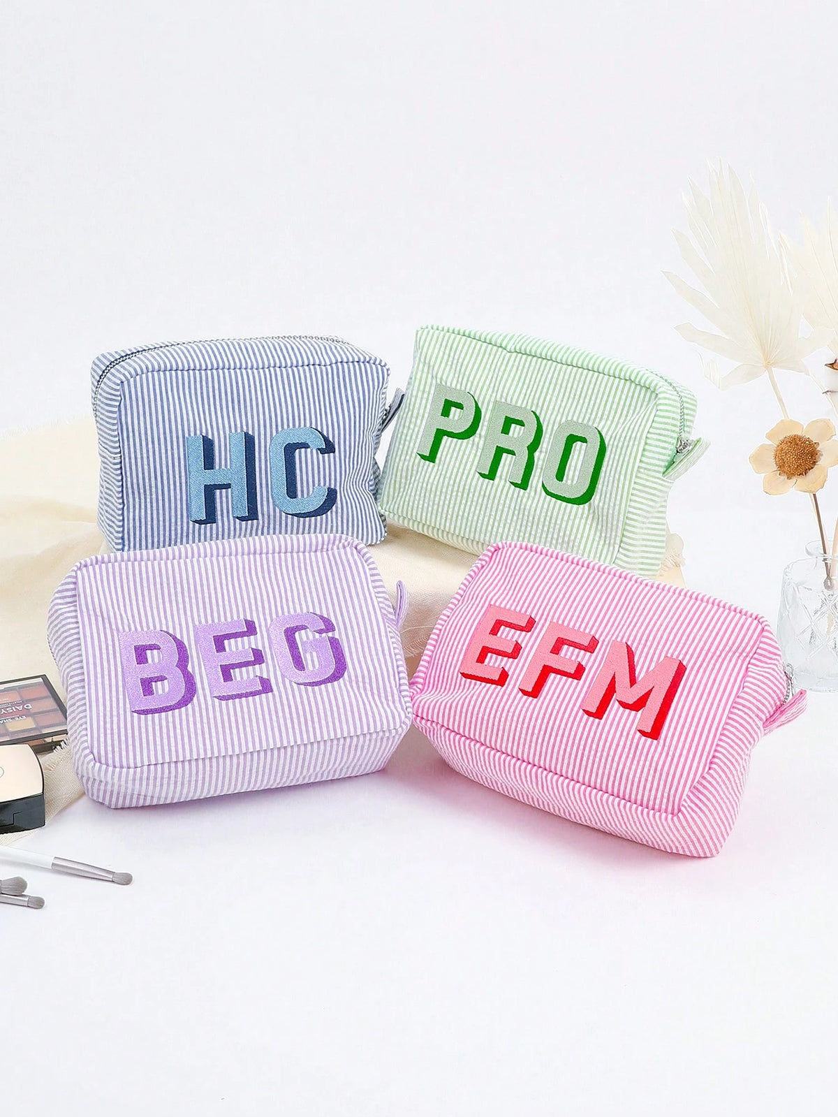 Custom Shadow Monogram Cosmetic Bag, Shadow Monogram Embroidered Makeup Bag, Personalized Bridesmaid Makeup Bag, Seersucker Cosmetic Bag For Girl, Large Capacity Cosmetic Bag, Bridesmaid Bridal Gifts