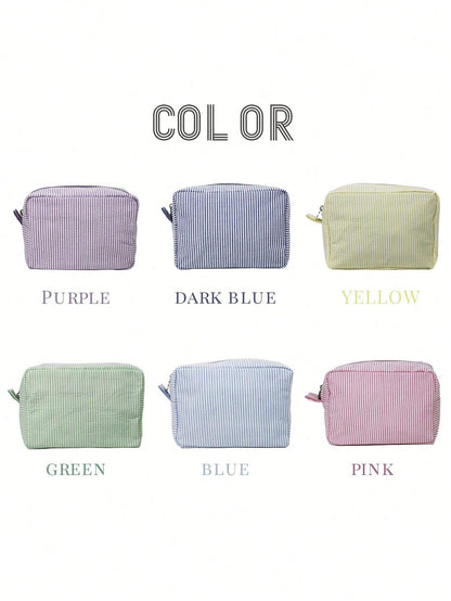 Custom Shadow Monogram Cosmetic Bag, Shadow Monogram Embroidered Makeup Bag, Personalized Bridesmaid Makeup Bag, Seersucker Cosmetic Bag For Girl, Large Capacity Cosmetic Bag, Bridesmaid Bridal Gifts
