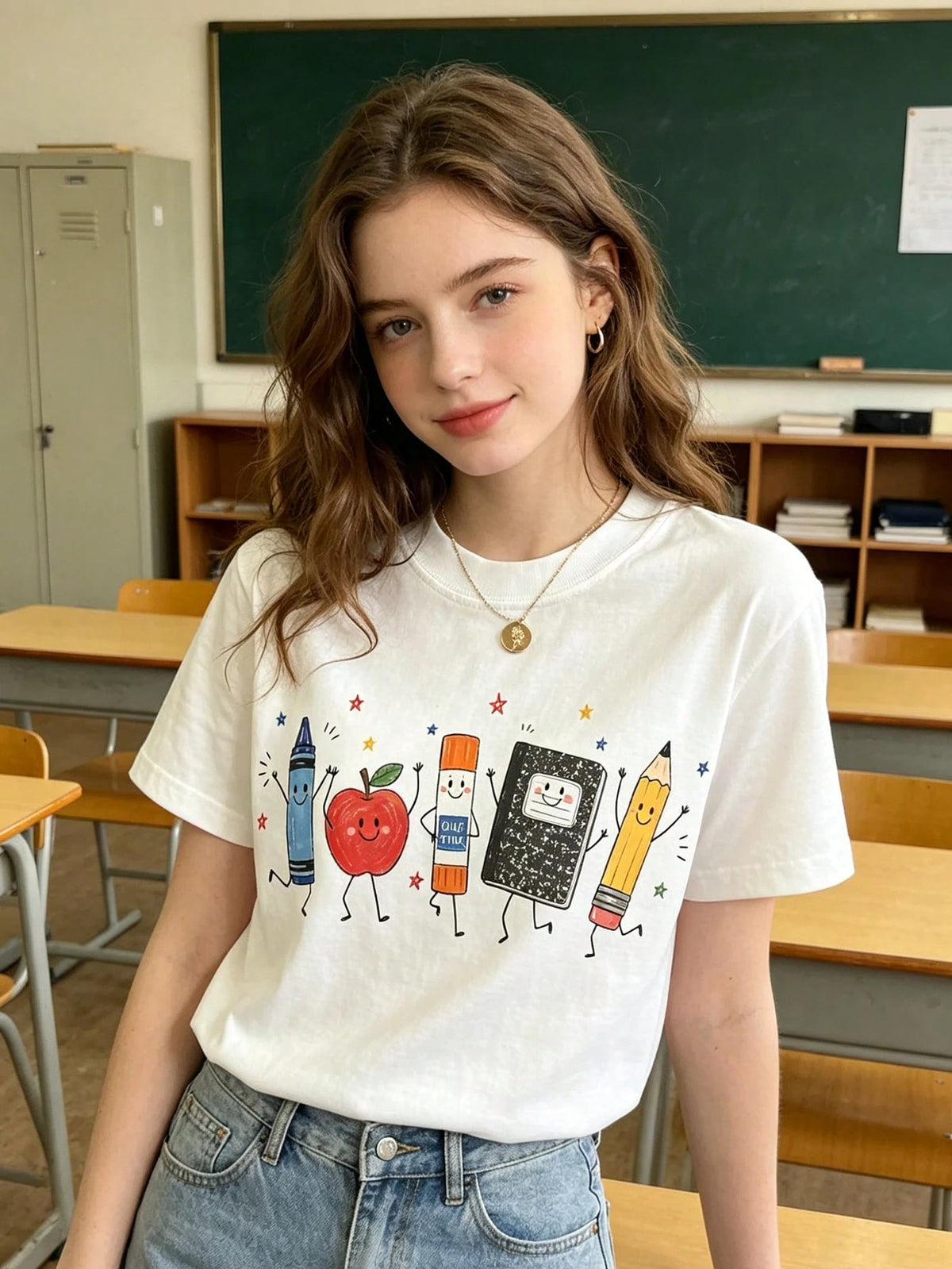 Cute Cartoon School Supplies Graphic Tee Preppy Teacher Student T-Shirt Kindergarten Back To School Top Smiling Apple Crayon Pencil Graphic Clothes