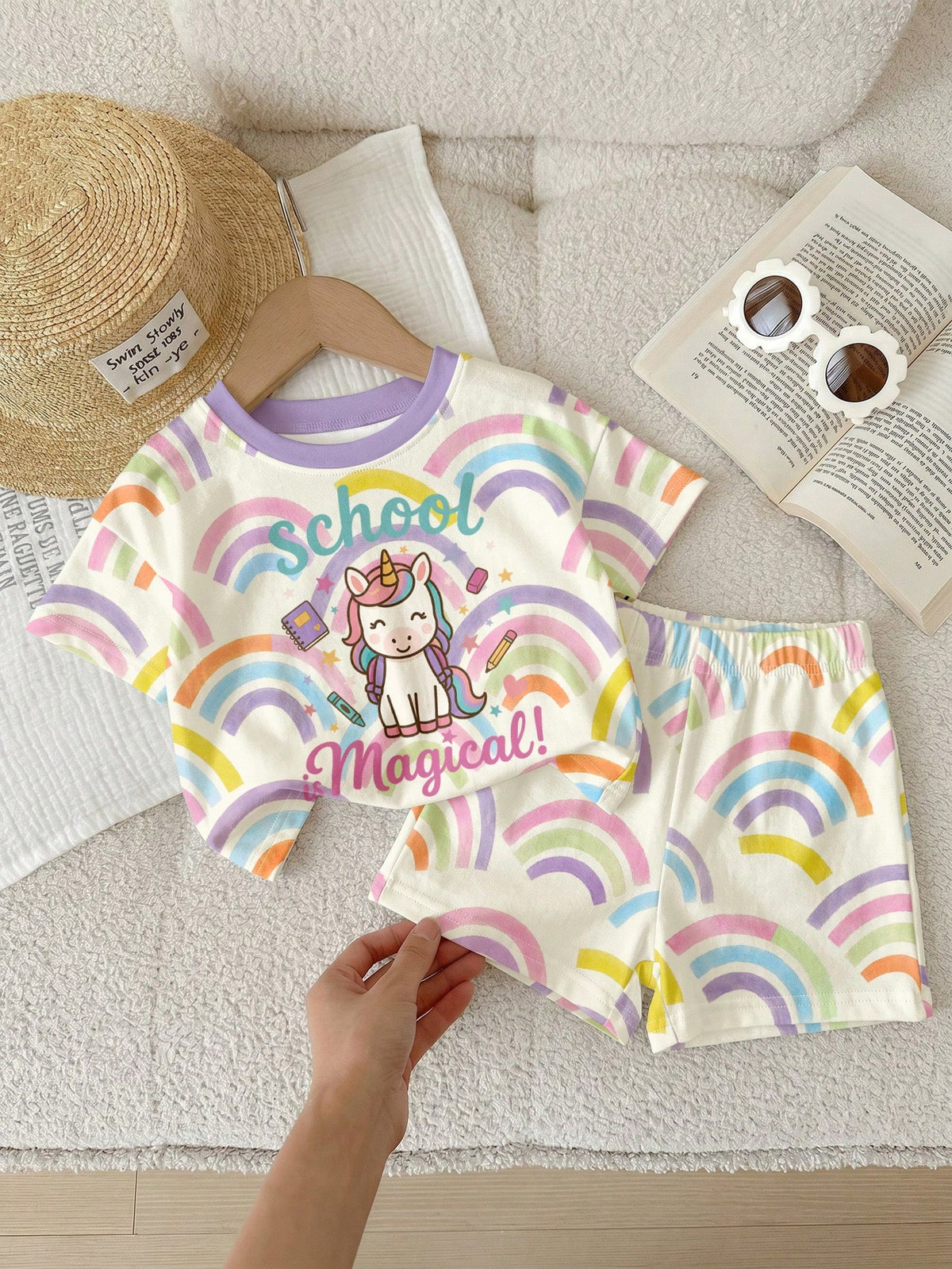 Cute Rainbow Unicorn Pattern, Baby Girl Casual Comfortable Crew Neck T-Shirt & Shorts 2-Piece Set, Suitable For Spring/Summer Daily, Back To School, Campus, Chill Chill