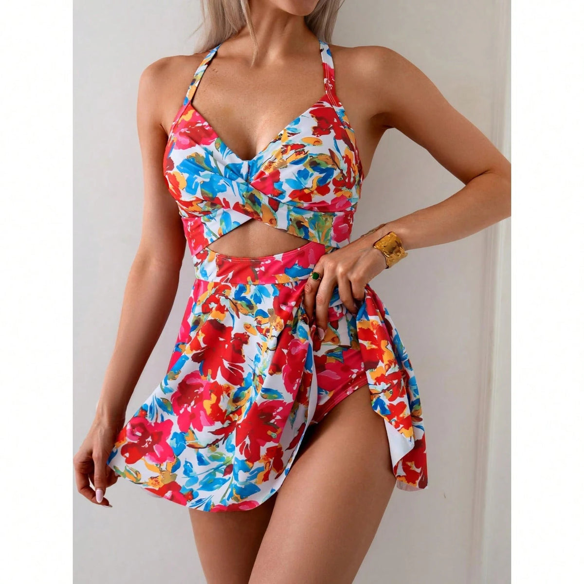 DAILY DOSE Women Cutout One Piece Skirt Swimsuit V Neck Wrap Tie Back Swimdress Tummy Control Bathing Suits Slimming Swimwear