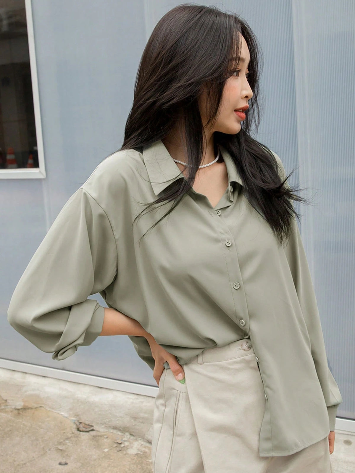 DAZY Drop Shoulder Button Front Shirt,Long Sleeve Tops,Fall Clothes