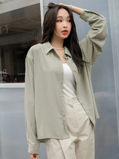 DAZY Drop Shoulder Button Front Shirt,Long Sleeve Tops,Fall Clothes