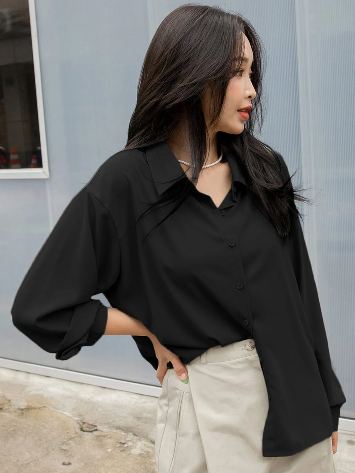 DAZY Drop Shoulder Button Front Shirt,Long Sleeve Tops,Fall Women Clothes
