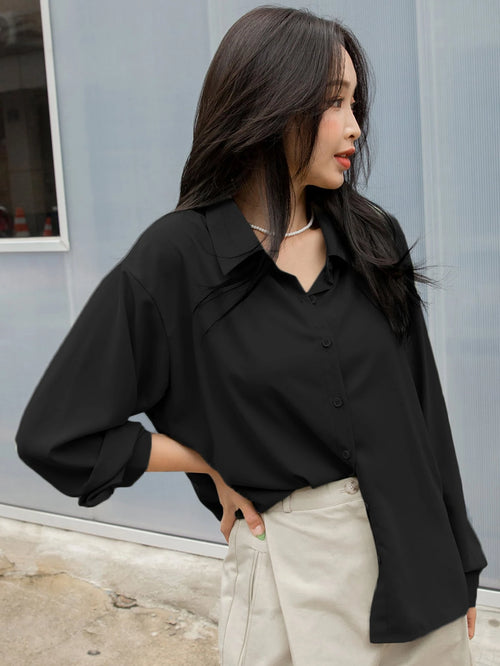 DAZY Drop Shoulder Button Front Shirt,Long Sleeve Tops,Fall Women Clothes