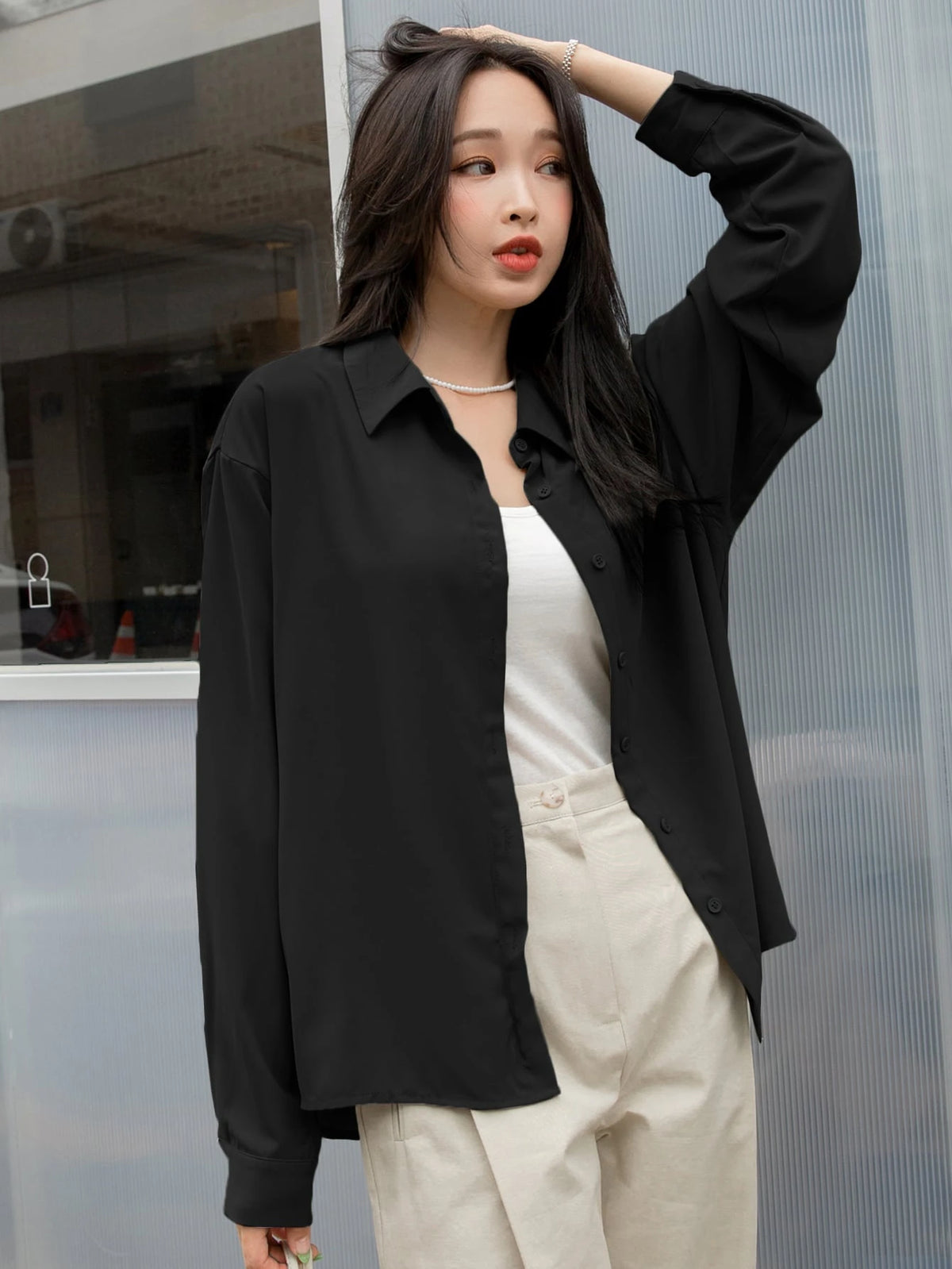 DAZY Drop Shoulder Button Front Shirt,Long Sleeve Tops,Fall Women Clothes