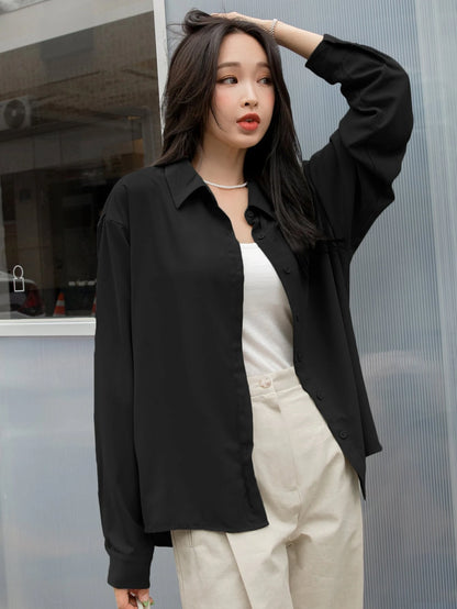 DAZY Drop Shoulder Button Front Shirt,Long Sleeve Tops,Fall Women Clothes
