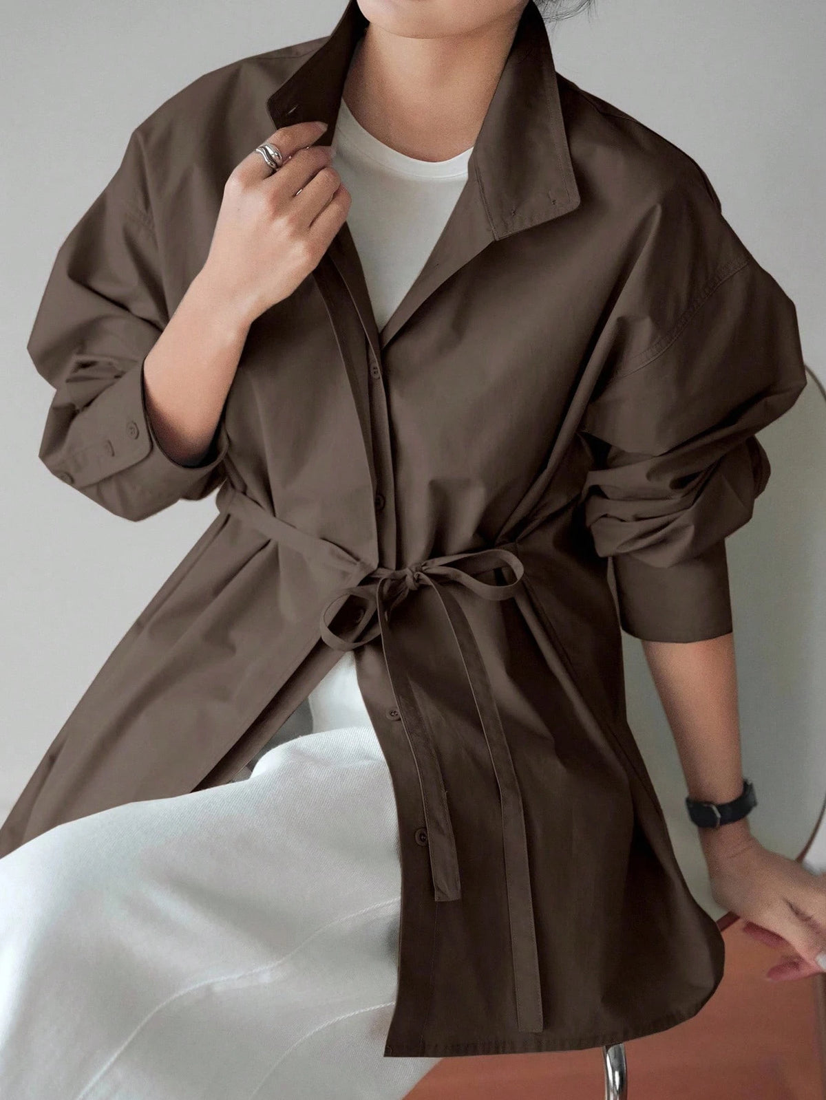 Dazy-Less Loose Business Casual Long Sleeve Shirt For Women, With Drawstring Waist Design, Suitable For Office, Commuting, Spring/Summer/Autumn