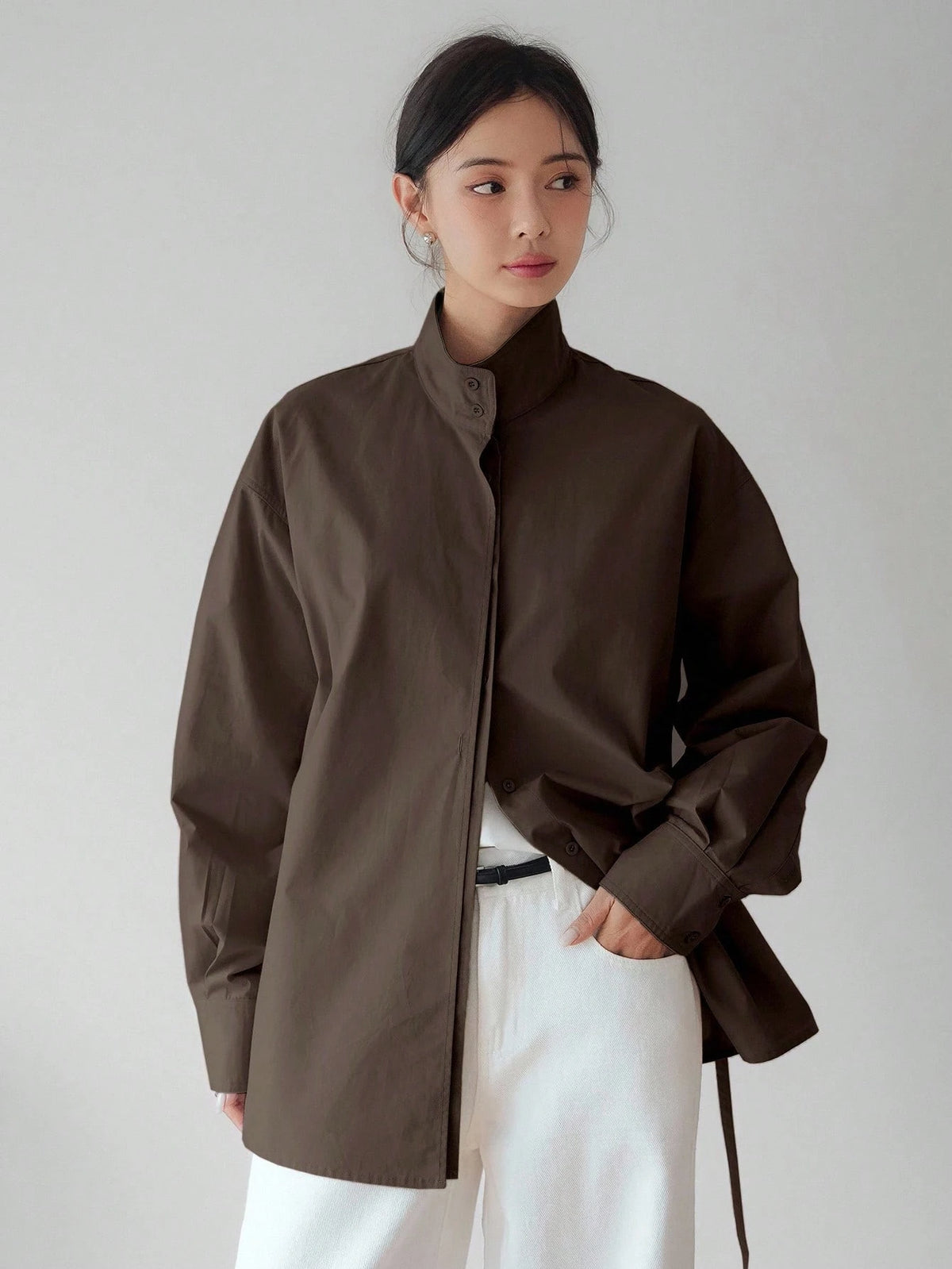 Dazy-Less Loose Business Casual Long Sleeve Shirt For Women, With Drawstring Waist Design, Suitable For Office, Commuting, Spring/Summer/Autumn