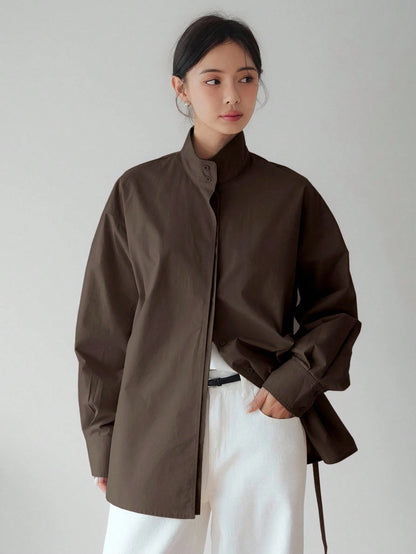 Dazy-Less Loose Business Casual Long Sleeve Shirt For Women, With Drawstring Waist Design, Suitable For Office, Commuting, Spring/Summer/Autumn