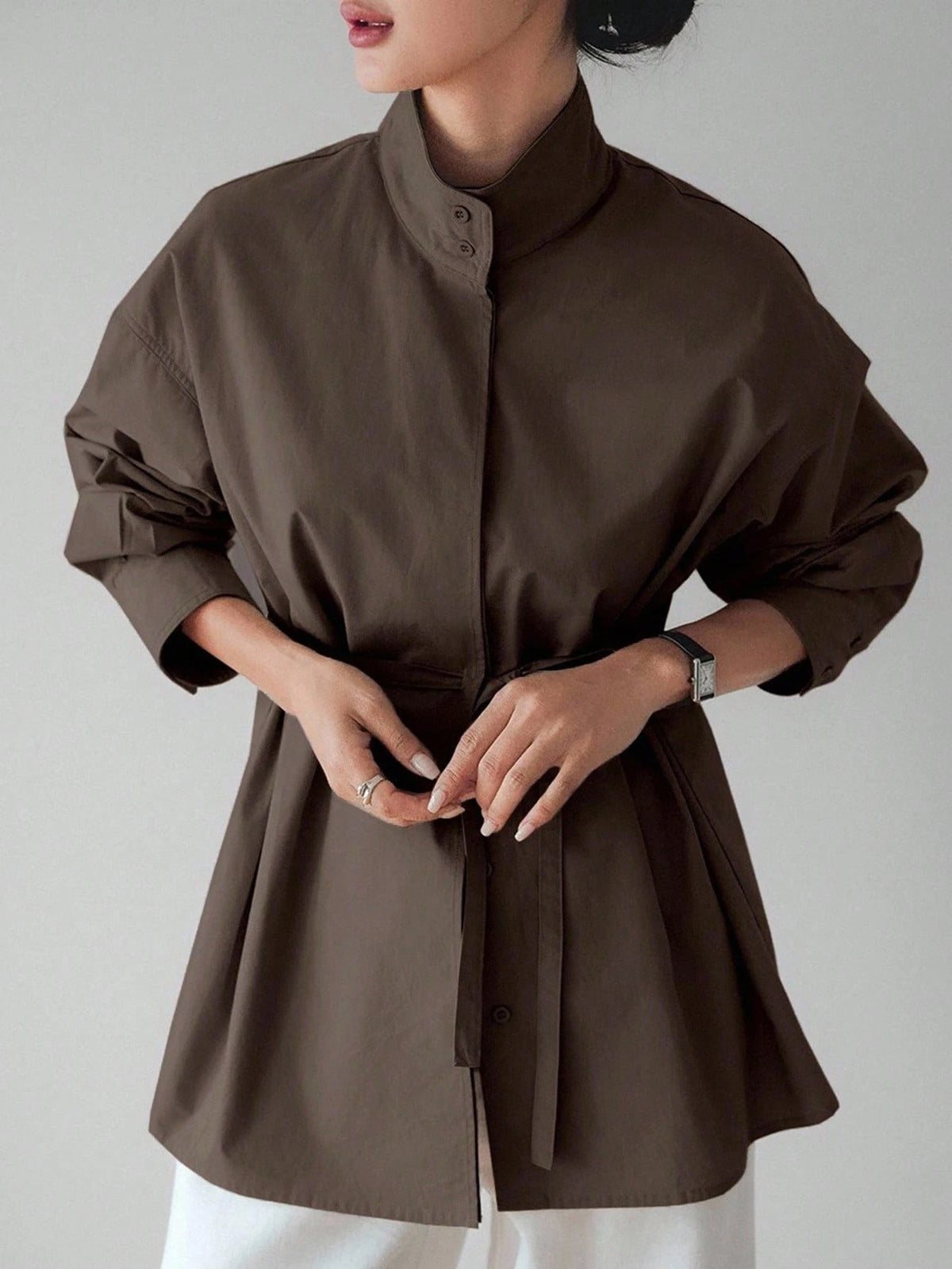 Dazy-Less Loose Business Casual Long Sleeve Shirt For Women, With Drawstring Waist Design, Suitable For Office, Commuting, Spring/Summer/Autumn