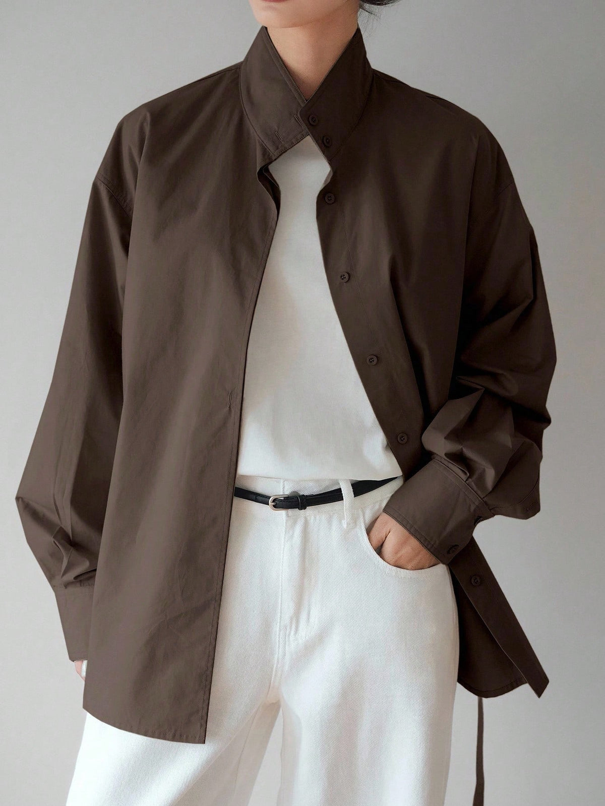 Dazy-Less Loose Business Casual Long Sleeve Shirt For Women, With Drawstring Waist Design, Suitable For Office, Commuting, Spring/Summer/Autumn
